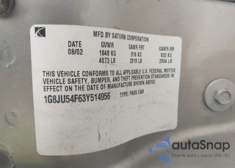 2003 Saturn L-Series L200 из США, поврежденный, VIN 1G8JU54F63Y514956